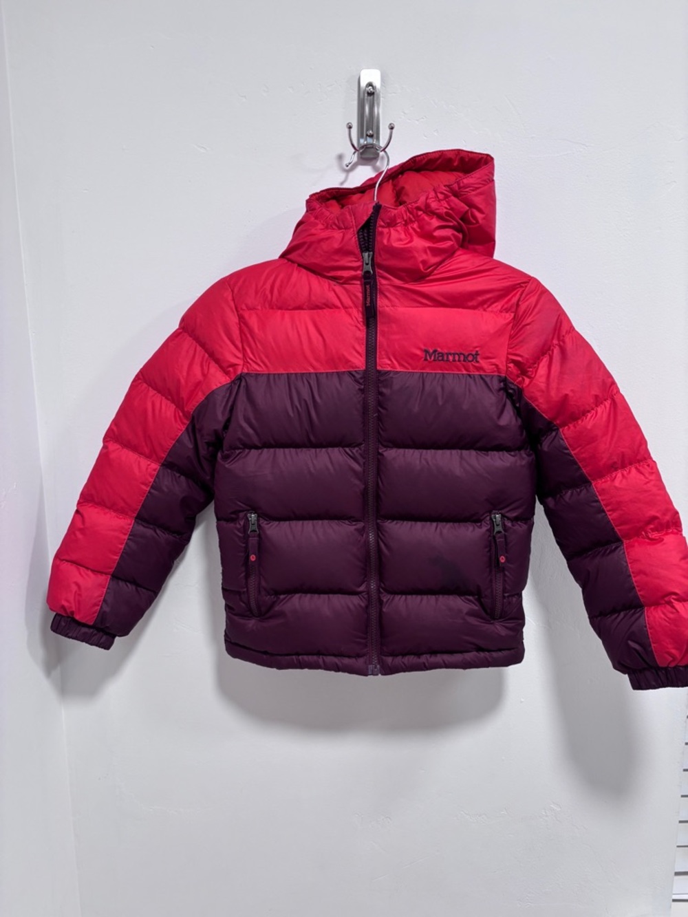Marmot Hooded Colorblock Red and Plum Puffer Jacket